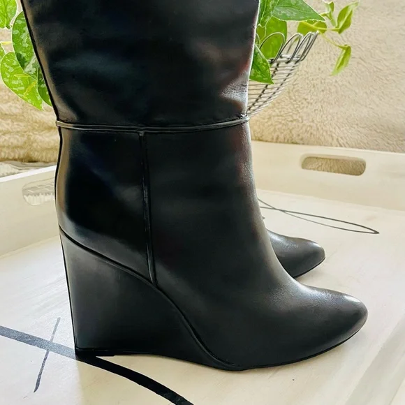 TORY BURCH Linette Smooth Leather Tall Black Wedge Knee High Riding Boots 8.5 - Picture 3 of 16
